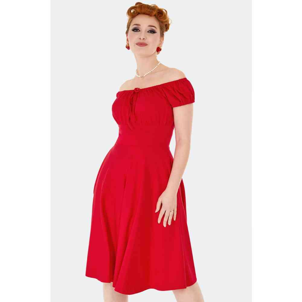 Voodoo Vixen - Gathered Neckline Flare jurk - Rood